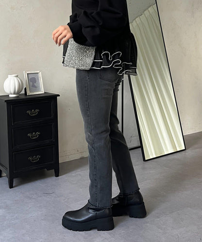 【MOMO】內層微絨彈力錐形牛仔褲