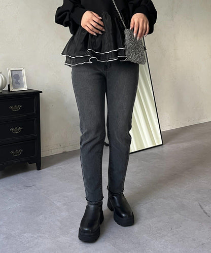 【MOMO】內層微絨彈力錐形牛仔褲