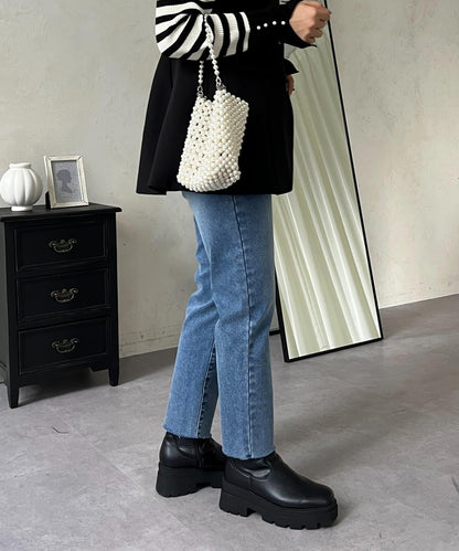 【MOMO】內層微絨彈力錐形牛仔褲