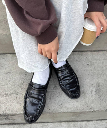 褶皺設計拼接材質平底樂福鞋