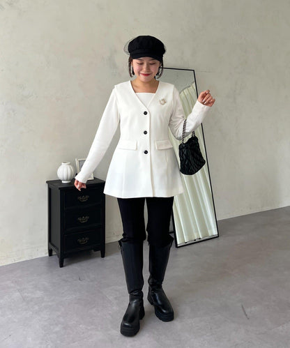 【MOMO】荷葉邊V領無袖外套