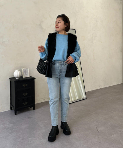 【MOMO】內層微絨彈力錐形牛仔褲