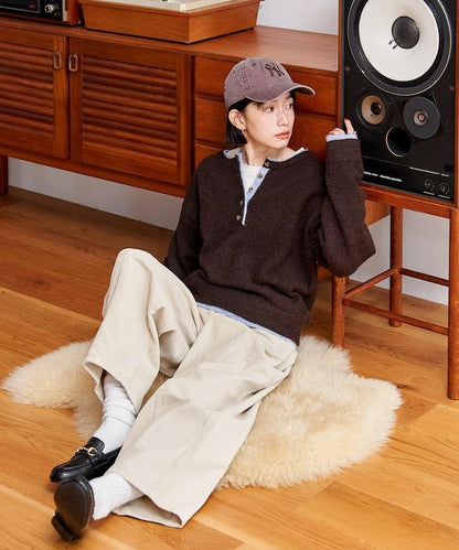 拼色亨利領針織套頭衫