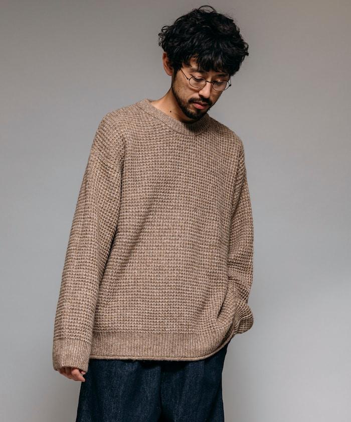 寬鬆版型羊毛混紡華夫格針織圓領毛衣