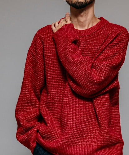 寬鬆版型羊毛混紡華夫格針織圓領毛衣