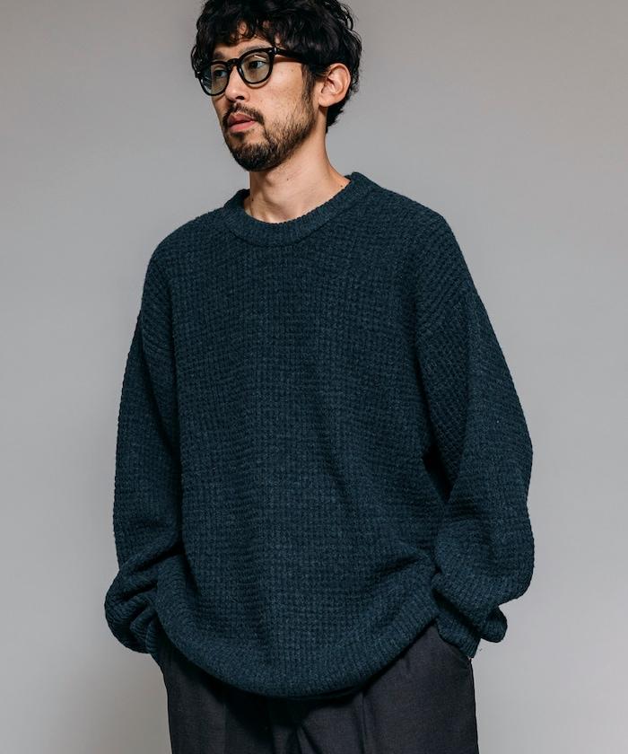 寬鬆版型羊毛混紡華夫格針織圓領毛衣