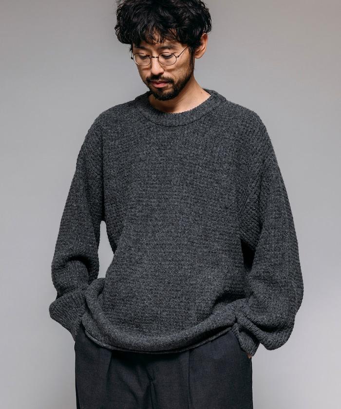 寬鬆版型羊毛混紡華夫格針織圓領毛衣