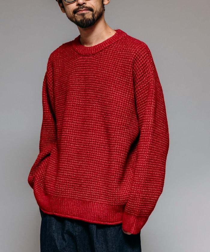 寬鬆版型羊毛混紡華夫格針織圓領毛衣