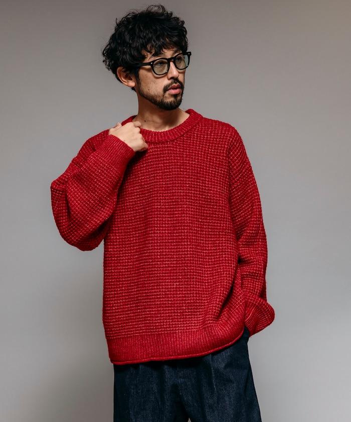 寬鬆版型羊毛混紡華夫格針織圓領毛衣