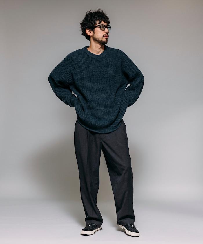 寬鬆版型羊毛混紡華夫格針織圓領毛衣