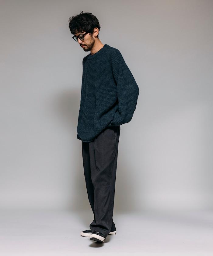 寬鬆版型羊毛混紡華夫格針織圓領毛衣