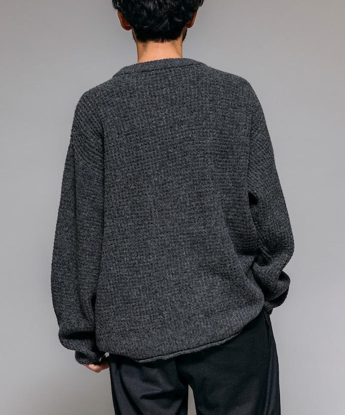 寬鬆版型羊毛混紡華夫格針織圓領毛衣