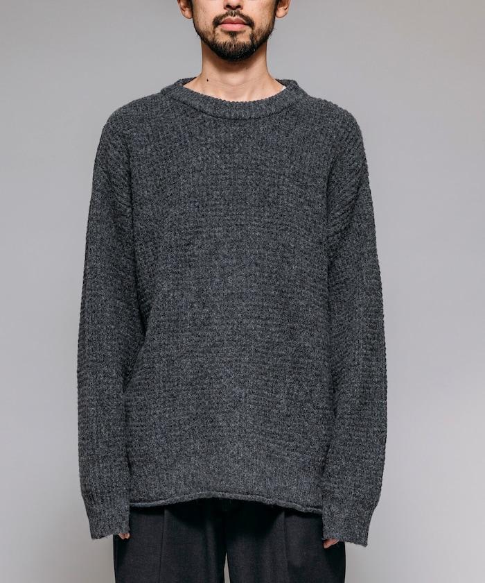 寬鬆版型羊毛混紡華夫格針織圓領毛衣