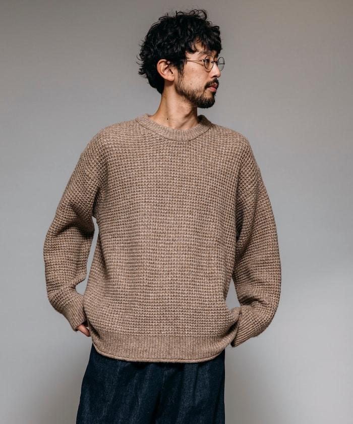 寬鬆版型羊毛混紡華夫格針織圓領毛衣