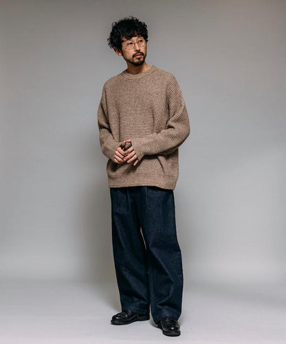 寬鬆版型羊毛混紡華夫格針織圓領毛衣