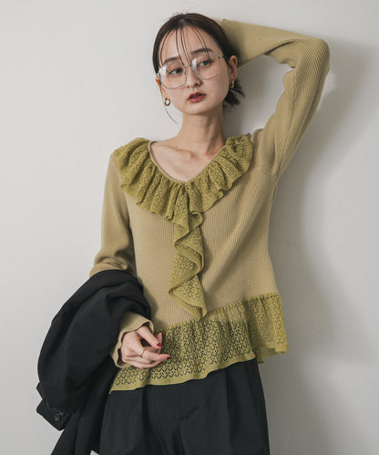 可水洗荷葉邊蕾絲喇叭袖針織衫