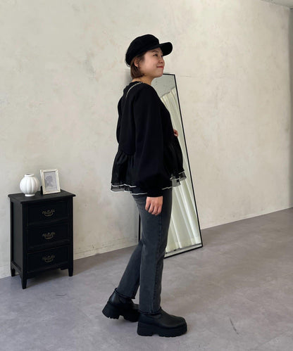 【MOMO】內層微絨彈力錐形牛仔褲