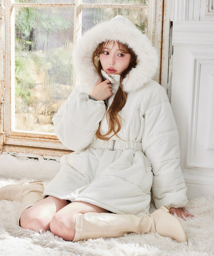 仿皮草連帽帶腰帶仿羽絨服