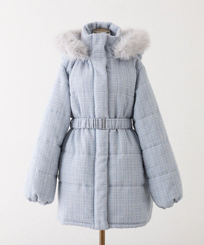 仿皮草連帽帶腰帶仿羽絨服