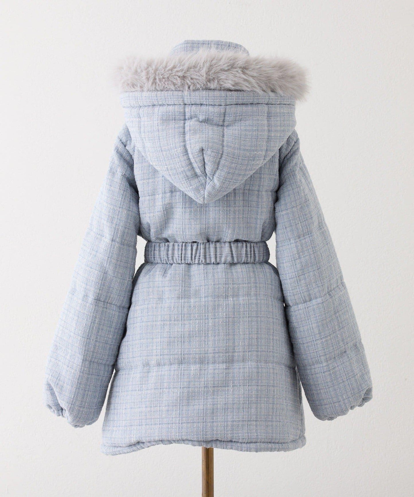 仿皮草連帽帶腰帶仿羽絨服