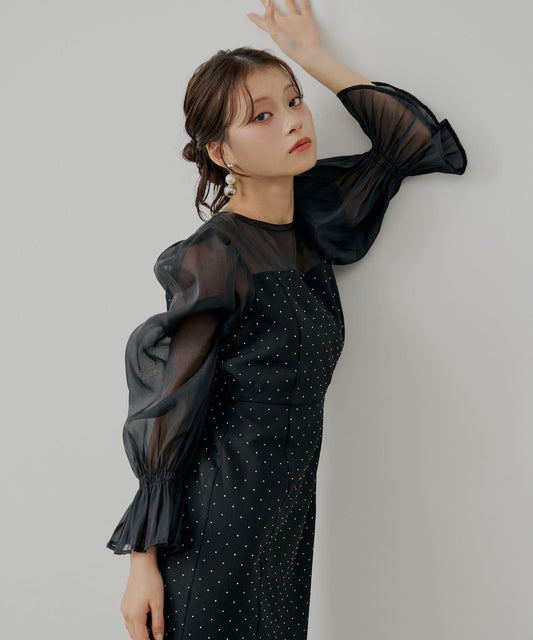 【/SALON by Chico】拼色透視修身長款連衣裙/宴會禮服