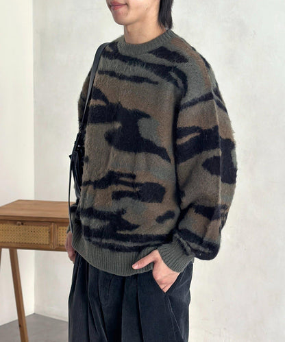 仿馬海毛全印花針織套頭衫
