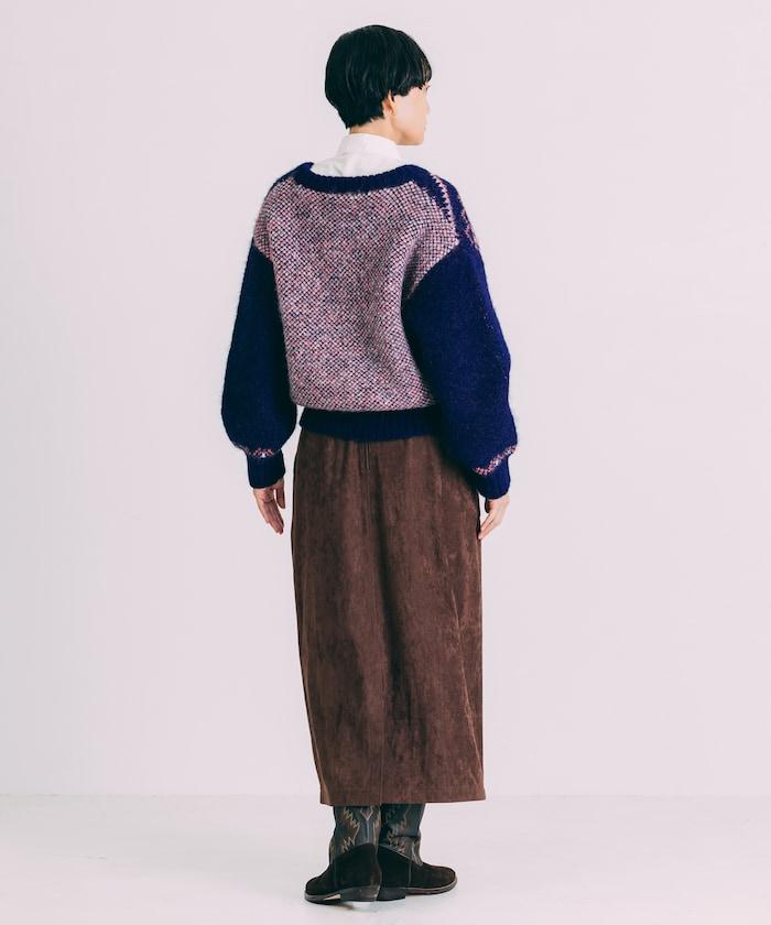 V領拼色北歐圖案針織衫