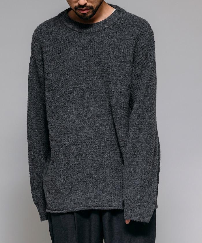 寬鬆版型羊毛混紡華夫格針織圓領毛衣