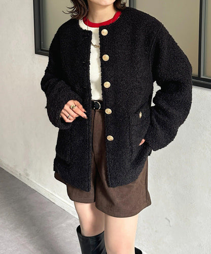 金色紐扣無領羊羔絨夾克