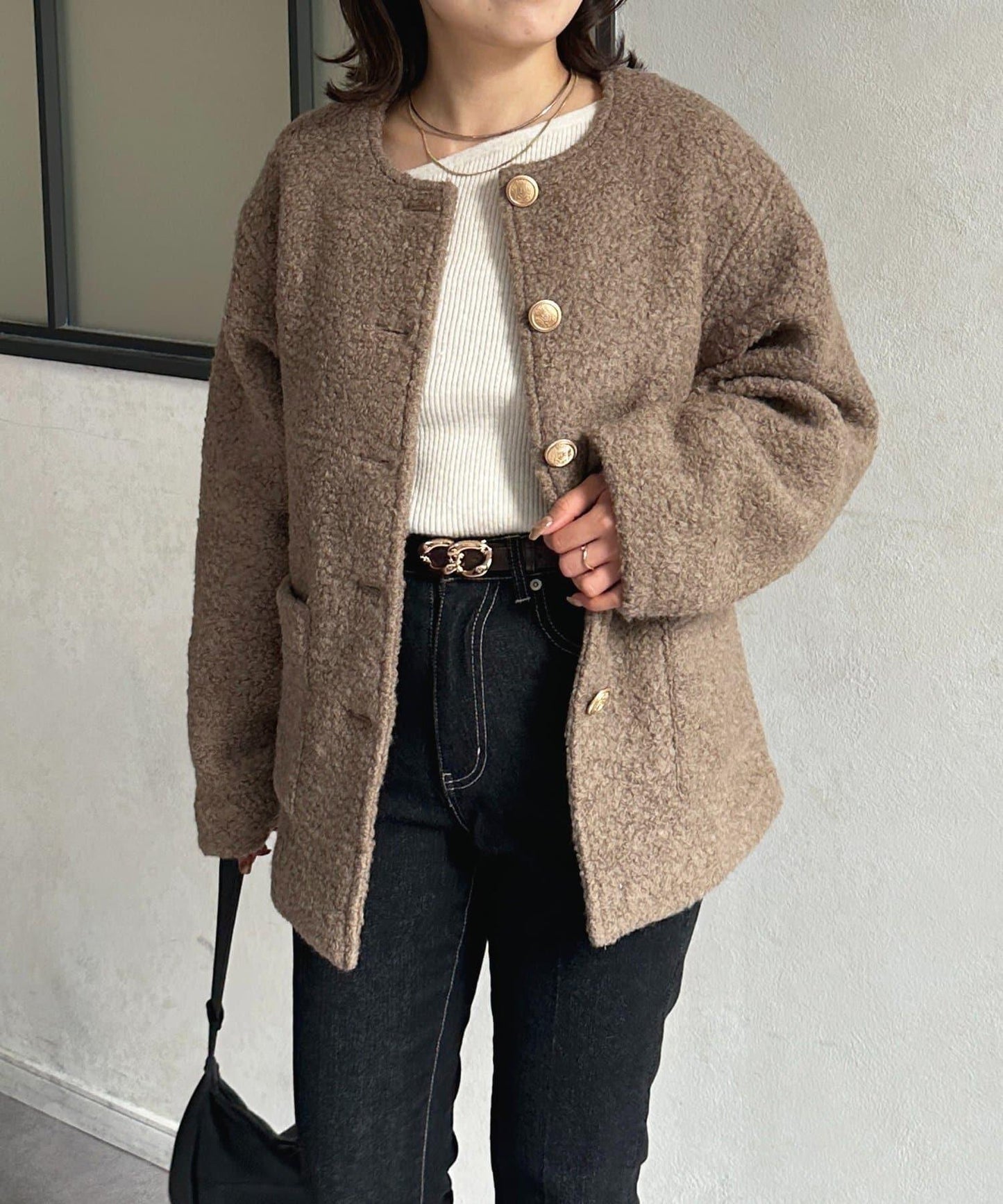 金色紐扣無領羊羔絨夾克