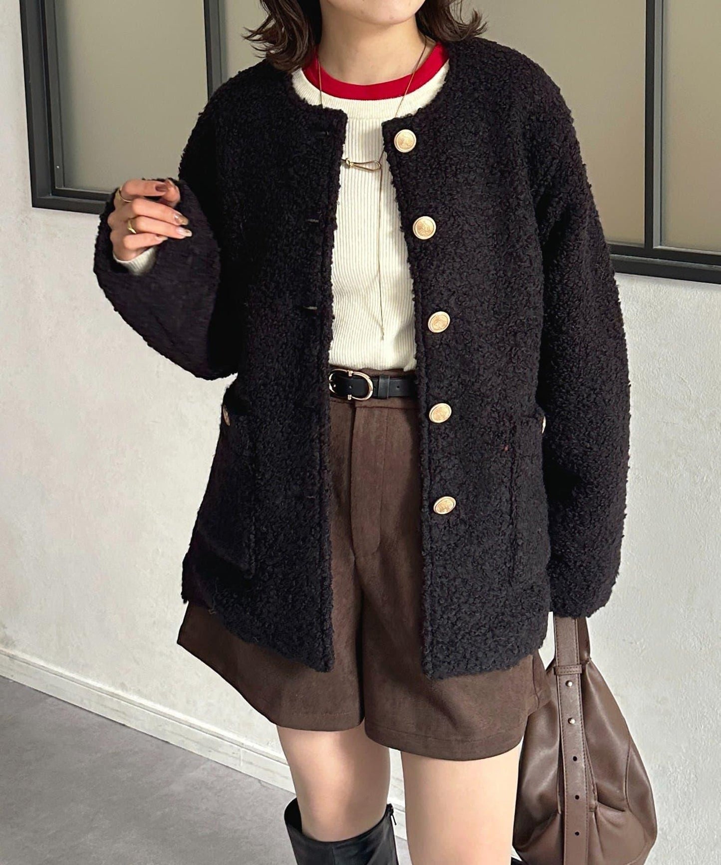 金色紐扣無領羊羔絨夾克