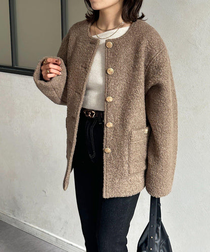 金色紐扣無領羊羔絨夾克