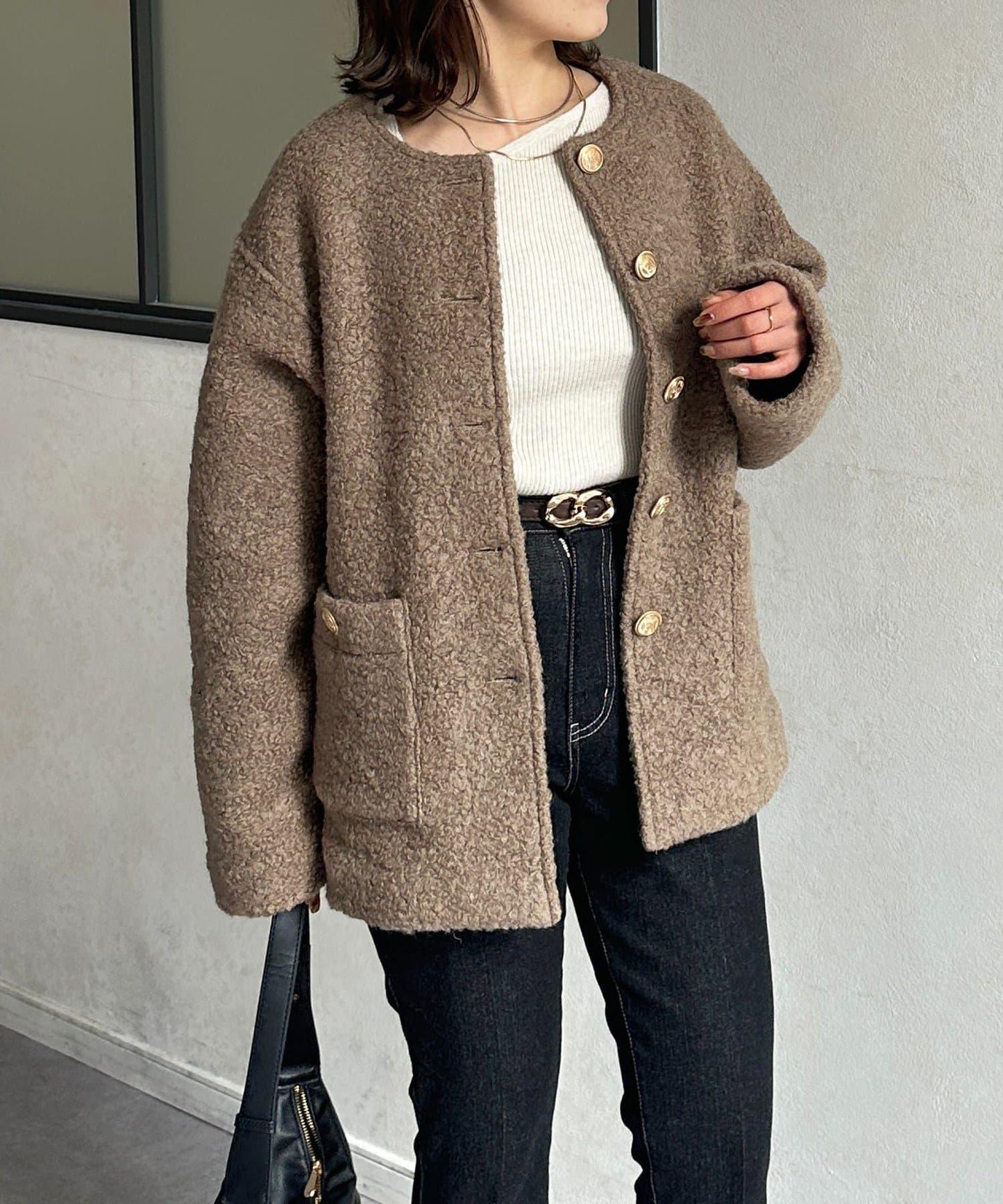 金色紐扣無領羊羔絨夾克