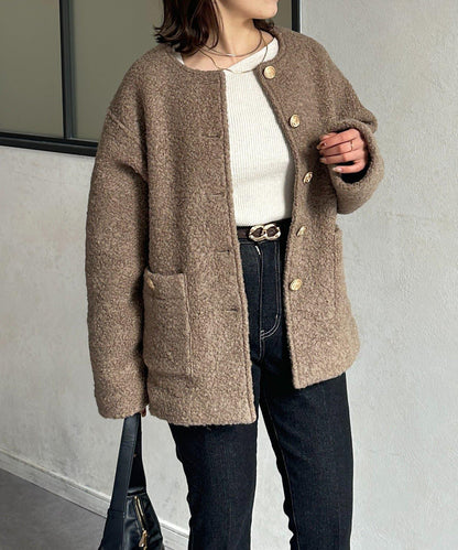 金色紐扣無領羊羔絨夾克
