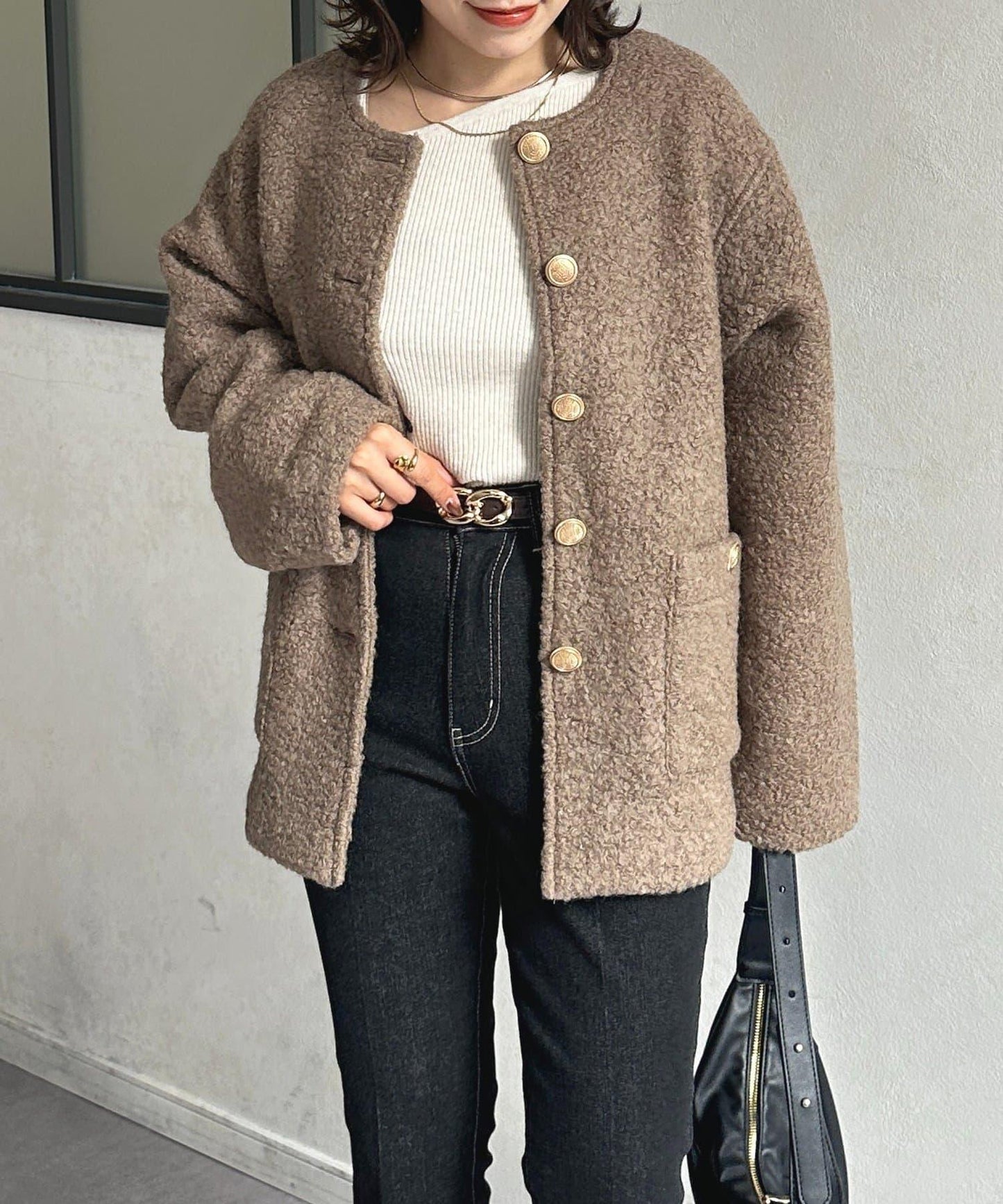 金色紐扣無領羊羔絨夾克