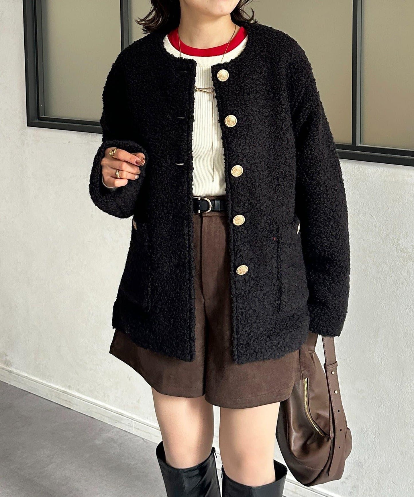 金色紐扣無領羊羔絨夾克