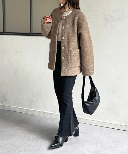 金色紐扣無領羊羔絨夾克