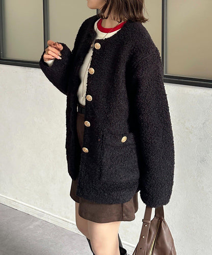 金色紐扣無領羊羔絨夾克