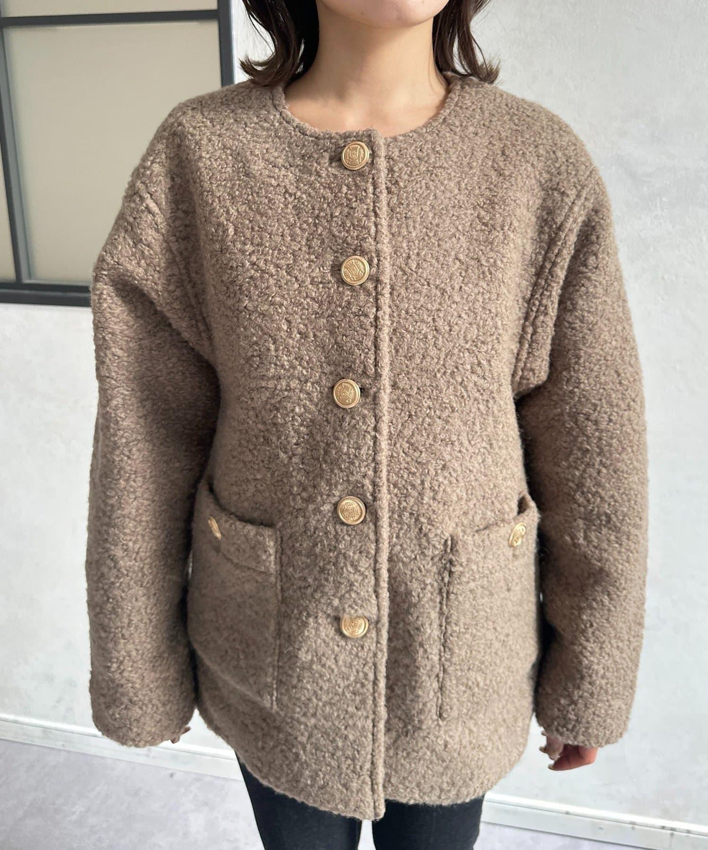 金色紐扣無領羊羔絨夾克