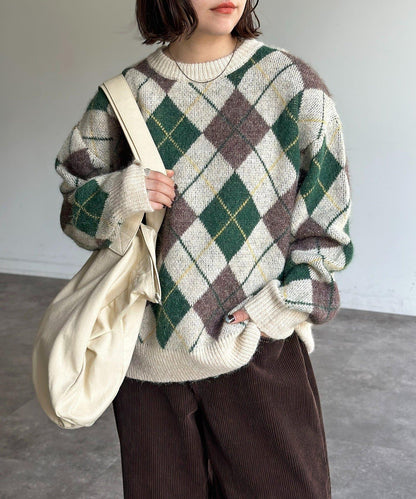 仿馬海毛格紋針織套頭衫