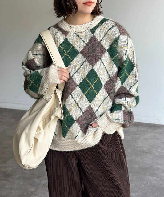 仿馬海毛格紋針織套頭衫