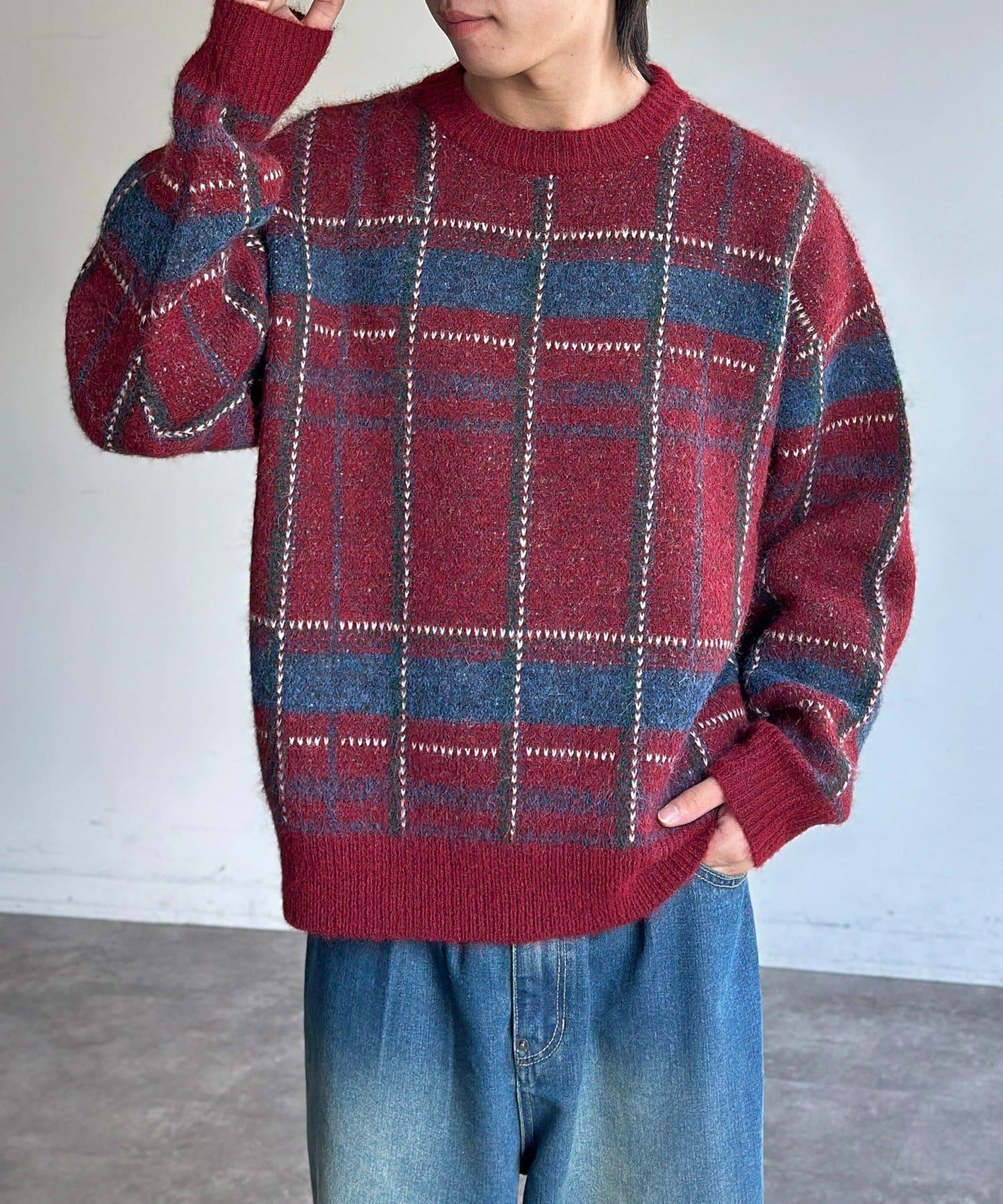 仿馬海毛格紋針織套頭衫