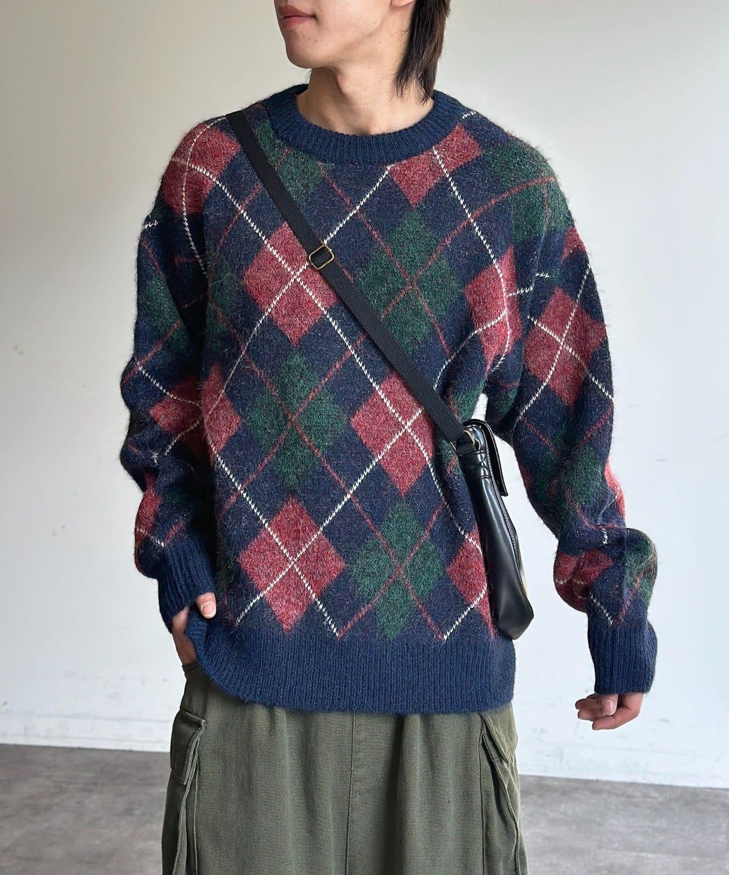 仿馬海毛格紋針織套頭衫