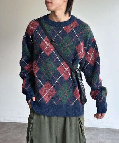 仿馬海毛格紋針織套頭衫