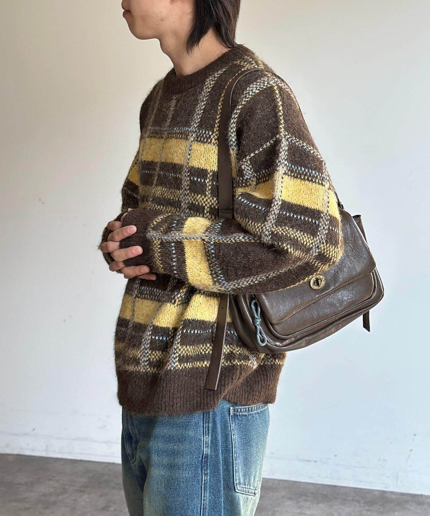 仿馬海毛格紋針織套頭衫