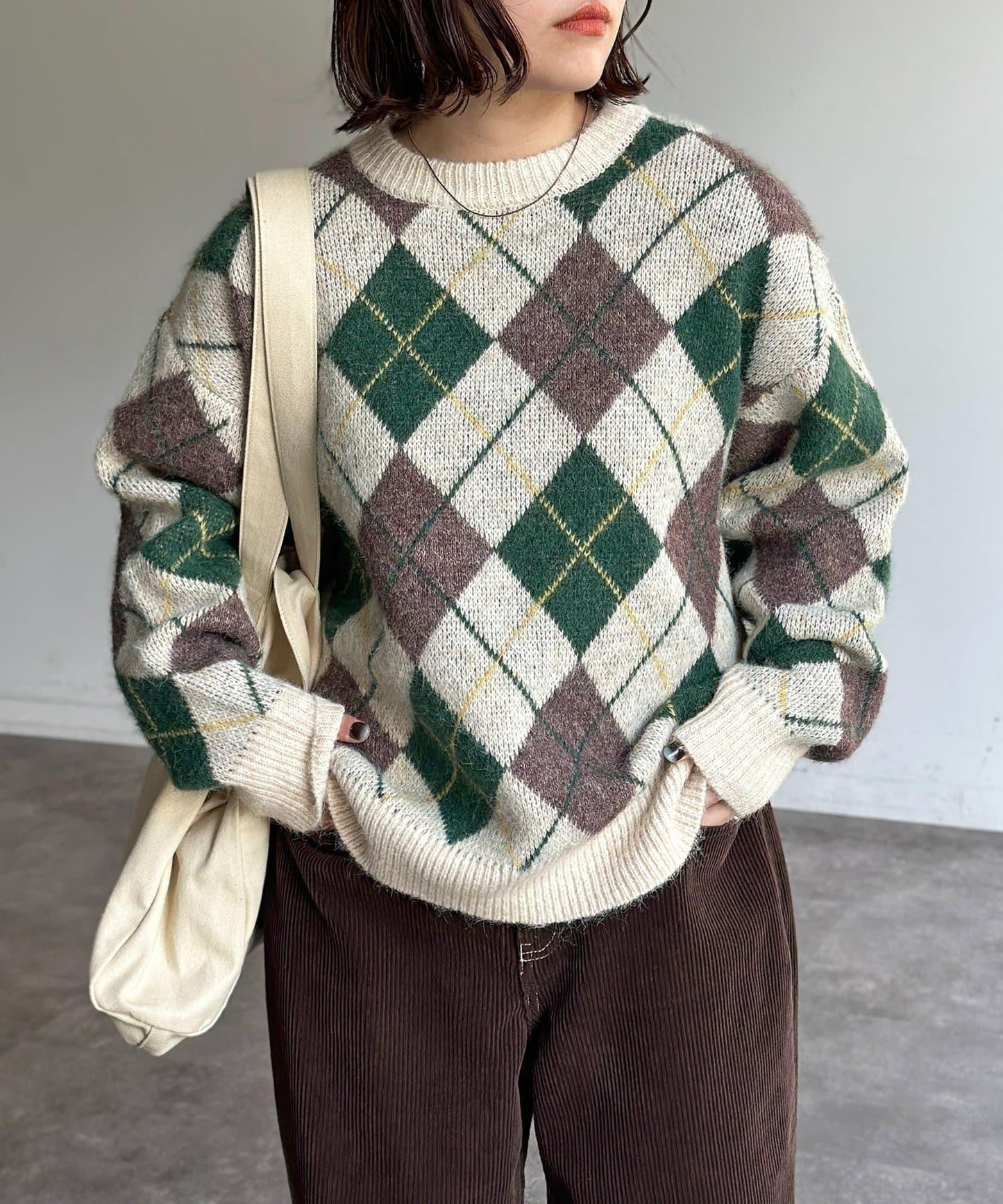 仿馬海毛格紋針織套頭衫