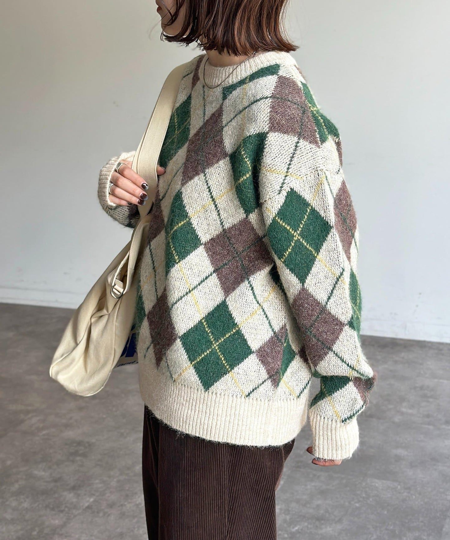 仿馬海毛格紋針織套頭衫