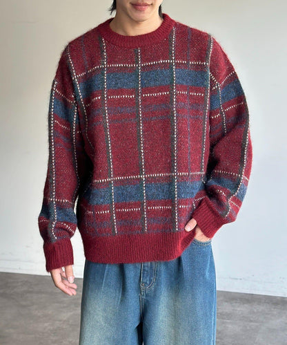 仿馬海毛格紋針織套頭衫