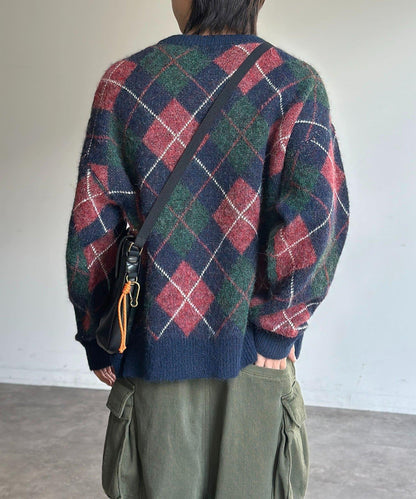 仿馬海毛格紋針織套頭衫