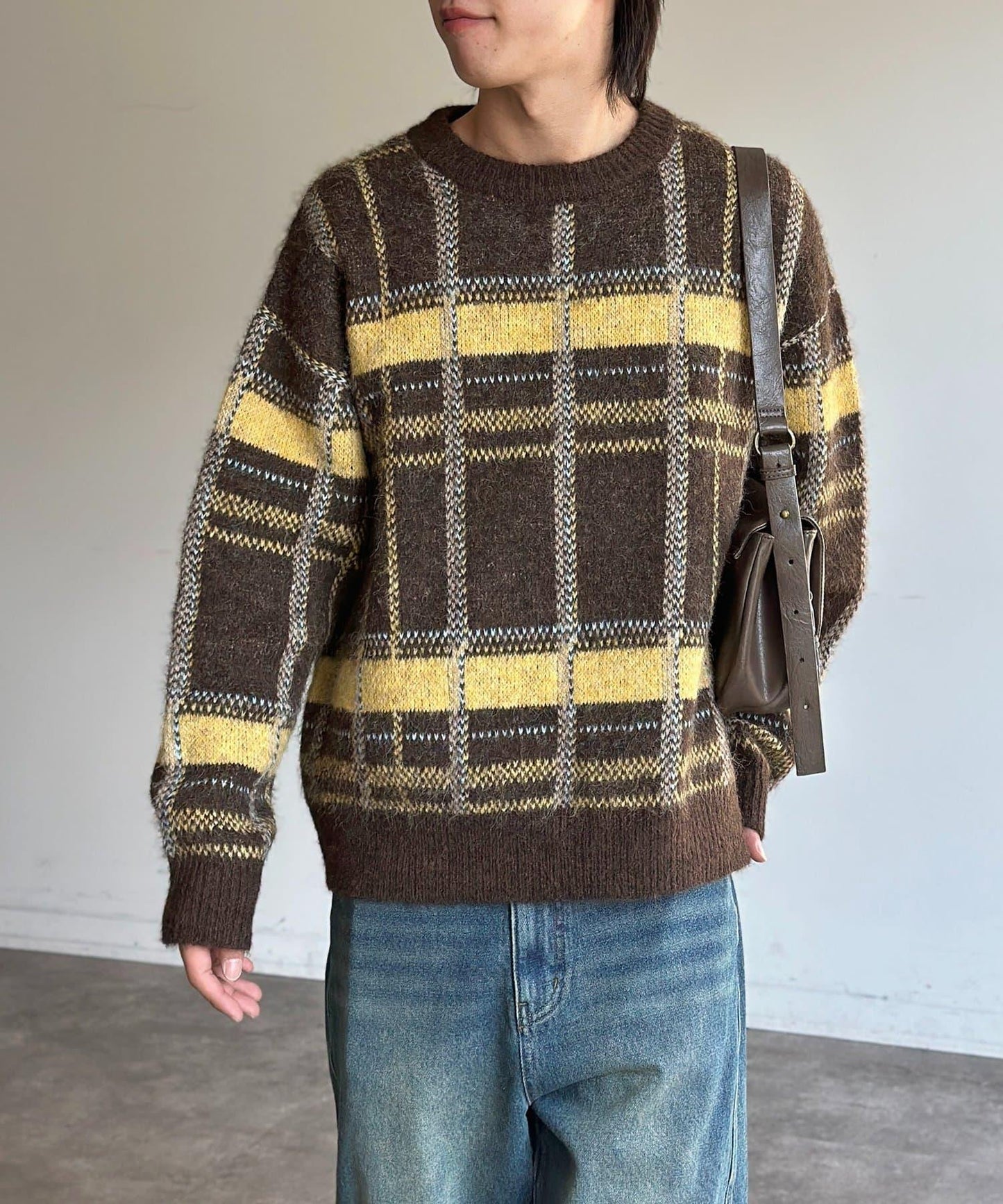 仿馬海毛格紋針織套頭衫